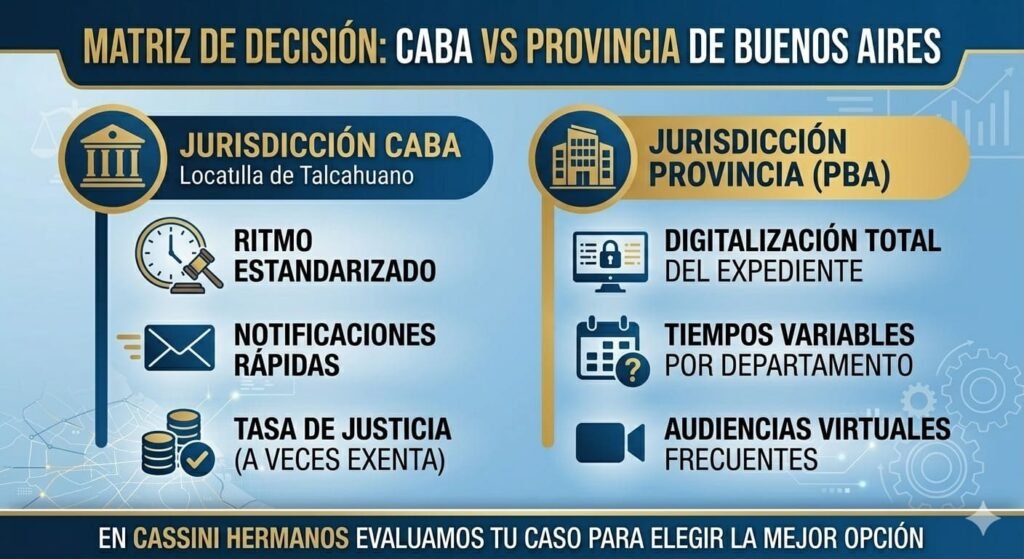 Infografía de matriz comparativa para decidir la jurisdicción de un divorcio en Argentina, mostrando pros y contras de los Juzgados Nacionales en lo Civil de CABA frente a los Tribunales de Familia en Provincia de Buenos Aires.