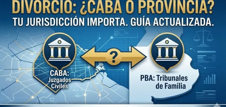 Imagen destacada perenne para redes sociales y SEO: Mapa comparativo simplificado de CABA y Provincia de Buenos Aires para trámites de divorcio, con el título "¿CABA o PROVINCIA? Tu Jurisdicción Importa. Guía Actualizada