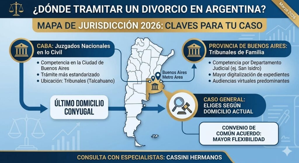 Infografía explicativa sobre las reglas de competencia territorial y jurisdicción para trámites de divorcio en Argentina, comparando CABA y Provincia de Buenos Aires