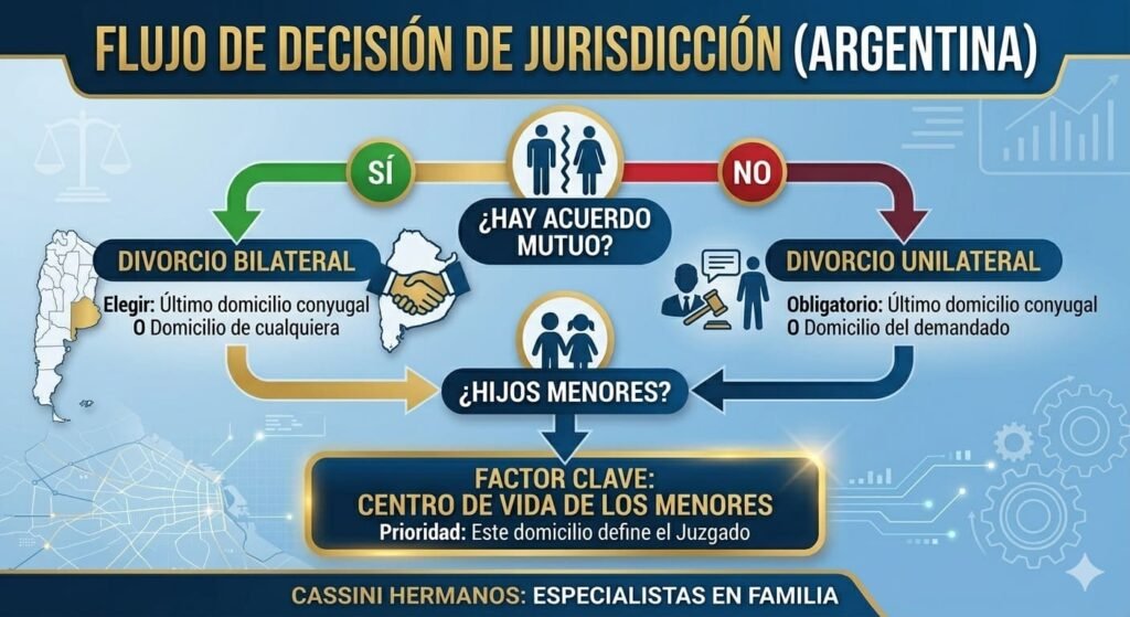 Infografía de flujo de decisión para determinar la jurisdicción de un divorcio en Argentina, mostrando las diferencias entre divorcio bilateral, unilateral y el factor de hijos menores