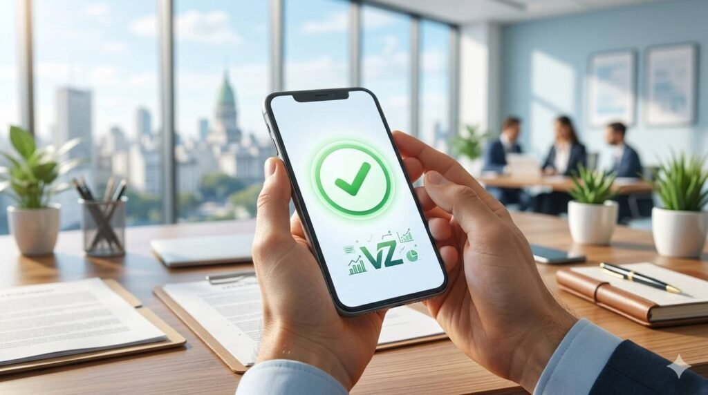 Imagen destacada de Cassini Hermanos mostrando acceso a informe Veraz gratuito en smartphone desde una oficina legal en Buenos Aires.