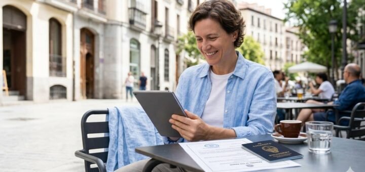 "Persona argentina en el exterior sonríe aliviada con pasaporte y documento con Apostilla de La Haya para su trámite de divorcio a distancia en Argentina