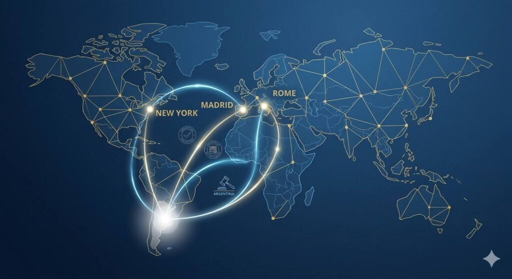 Un mapamundi minimalista y moderno con líneas de luz azul y dorado que conectan Argentina con Madrid, Nueva York y Roma, representando la validez internacional de la sentencia de divorcio tramitada en Argentina desde el exterior.