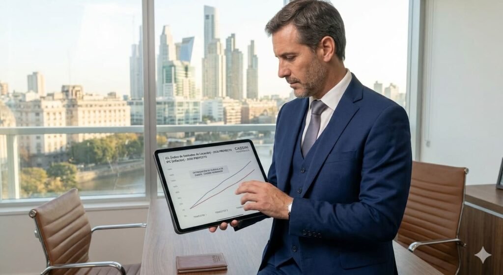 Abogado de Cassini Hermanos analizando en una tablet la proyección de índices IPC e ICL para blindar un contrato de alquiler en CABA Buenos Aires Argentina.
