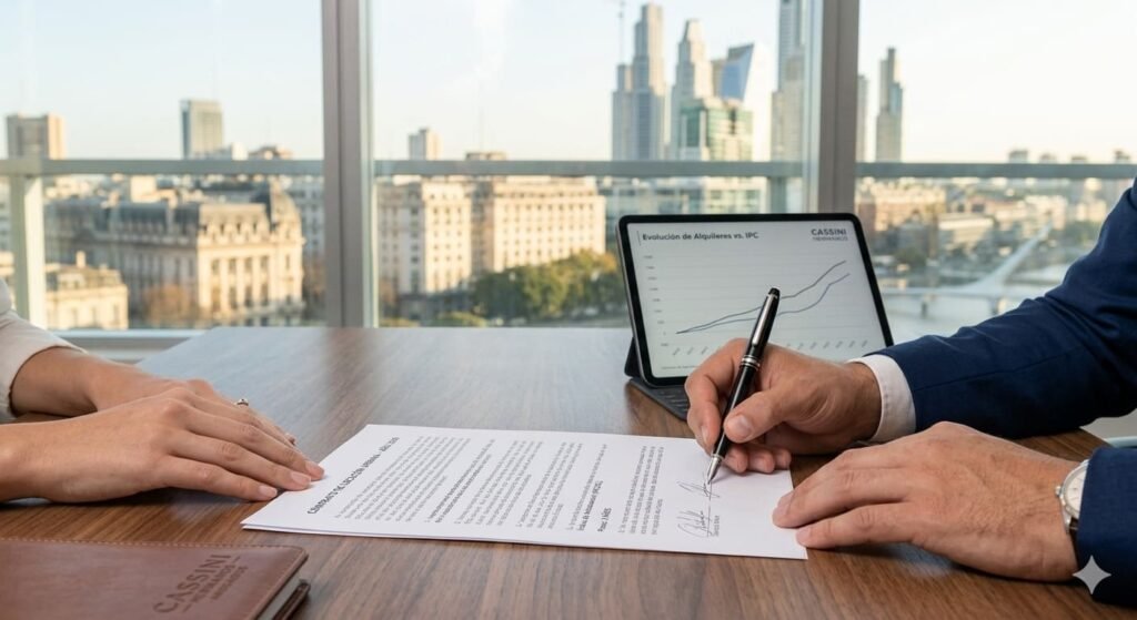 Primer plano de firma de contrato de alquiler 2026 protegido por abogados de Cassini Hermanos en Buenos Aires