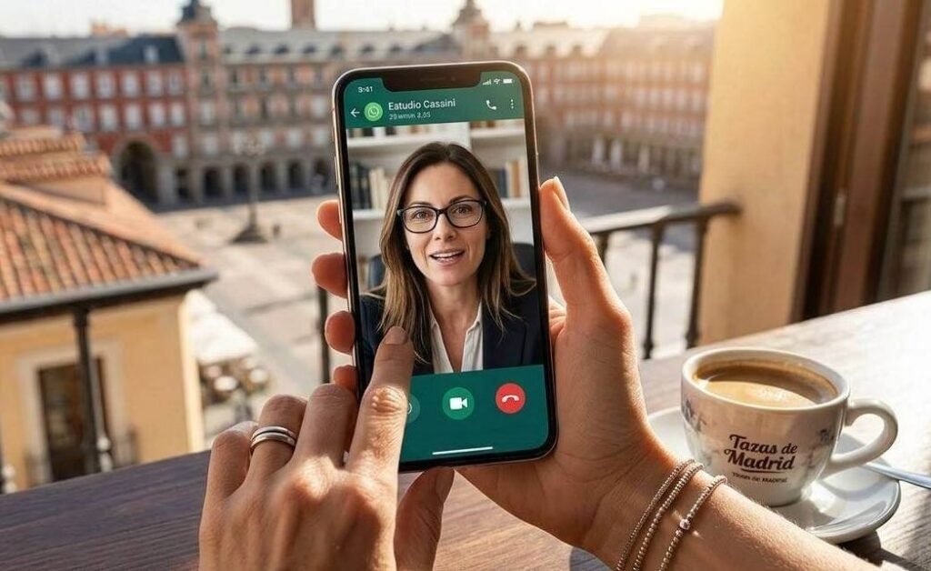 Videollamada de WhatsApp con abogada argentina gestionando un divorcio express para un cliente residente en el extranjero.
