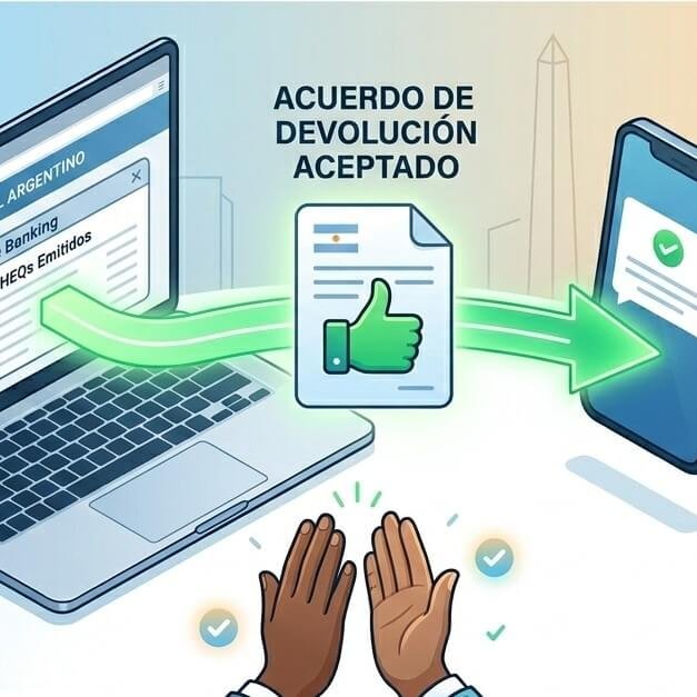 Acuerdo de Devolución Digital ECHEQ Ilustración conceptual del Acuerdo de Devolución aceptado digitalmente para un ECHEQ rechazado en Argentina.