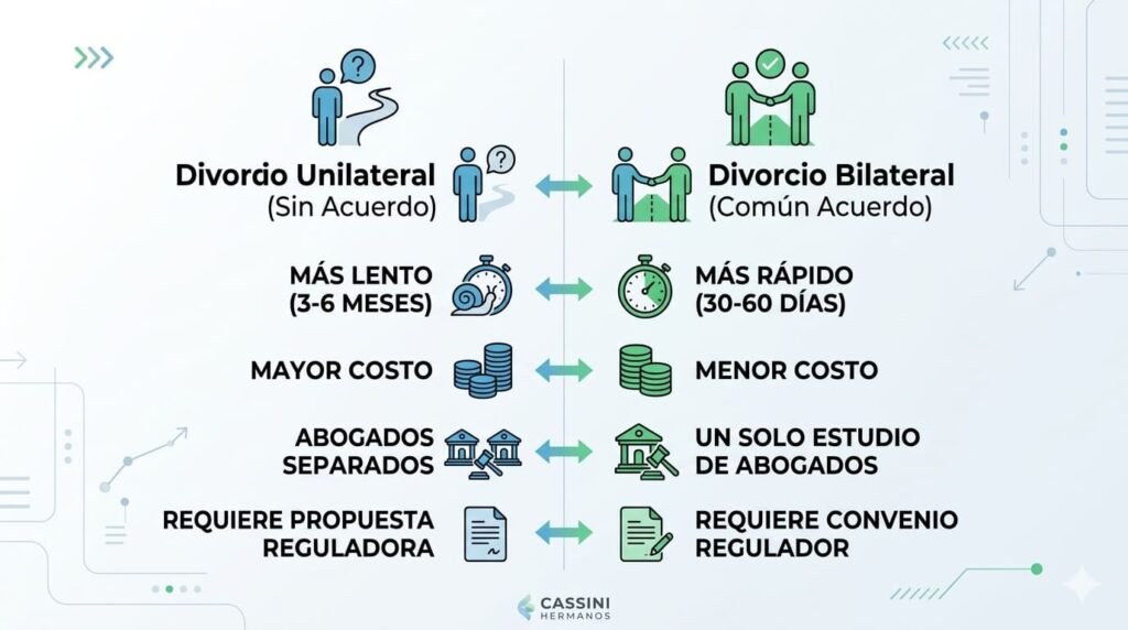 Infografía comparativa de las diferencias entre divorcio de común acuerdo y unilateral en Argentina.