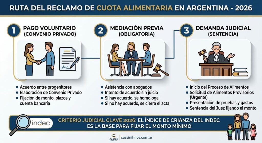Infografía resumen del proceso de reclamo de cuota alimentaria en Argentina - abogados Cassini Hermanos