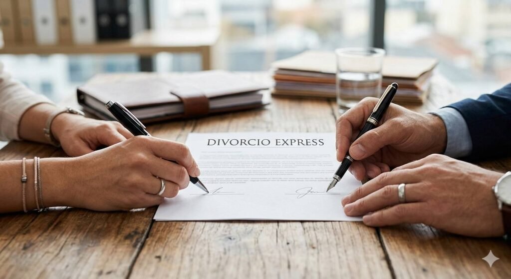 Primer plano de firma de acuerdo de divorcio express en Argentina con asesoramiento de abogados.