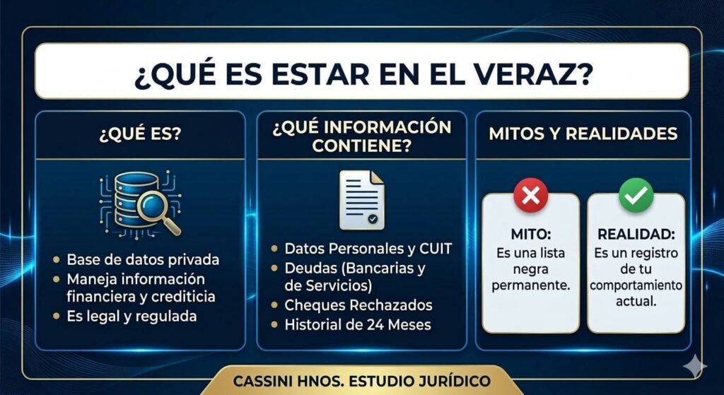 Infografía resumen sobre qué es estar en el Veraz en Argentina, información que contiene, datos y mitos.
