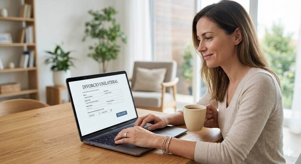 Persona gestionando un trámite de divorcio express unilateral desde su computadora con tranquilidad.
